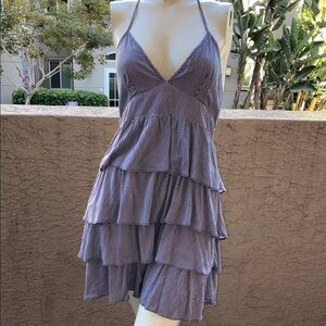 one clothing Navy and White Striped Tiered Ruffle Halter Dress